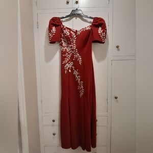 Elegant Maroon Evening Dress with Floral Embroidery